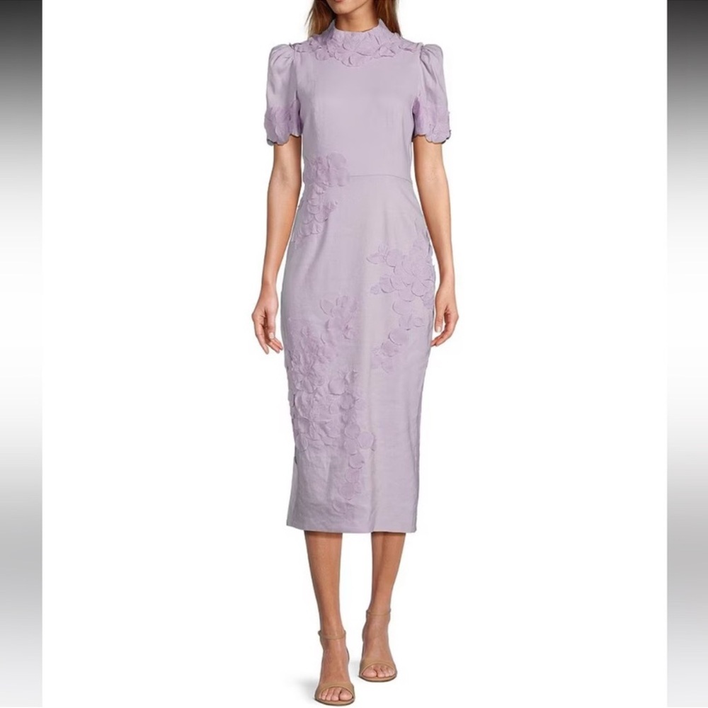 NWT Antonio Melani Willow Floral Applique Mock Neck Short Sleeve Midi Dress